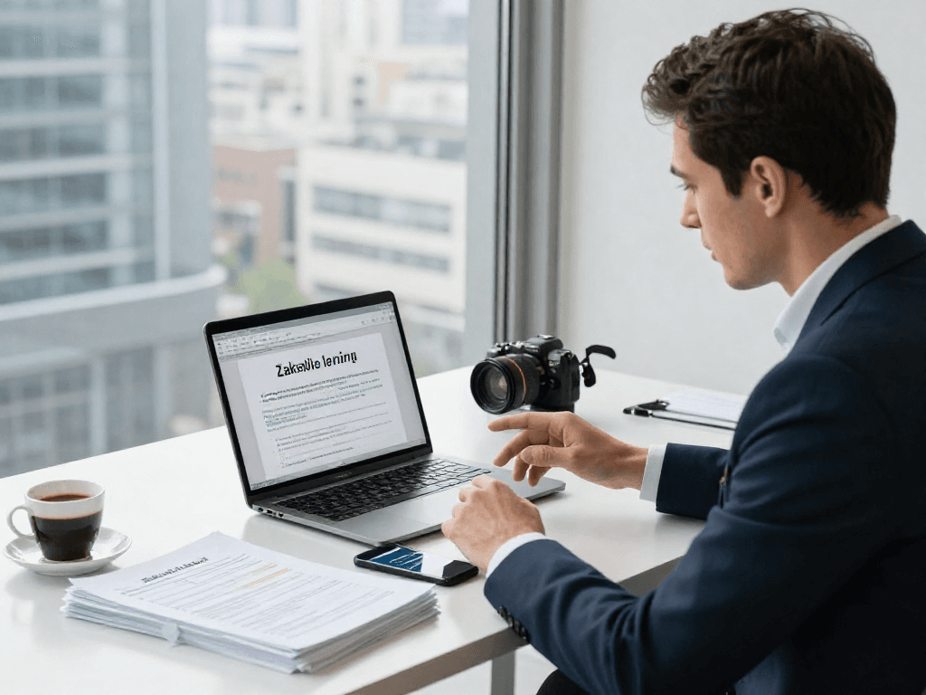Professioneel kantoor met ondernemer die een zakelijke lening overweegt, laptop met leningsopties en financiële documenten.