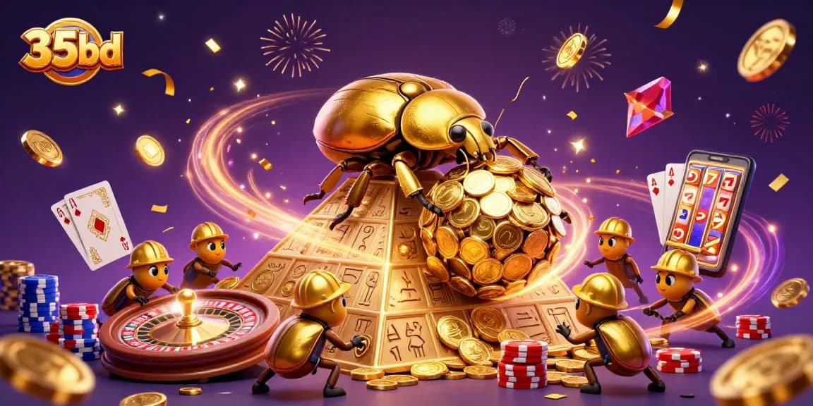Experience 35bd's thrilling casino adventure with dynamic golden beetles and rolling coins.