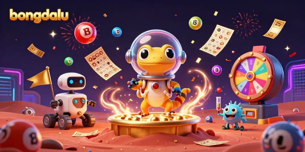 Engaging illustration of bongdalu featuring a Martian gecko in a golden casino, with vibrant lottery elements.