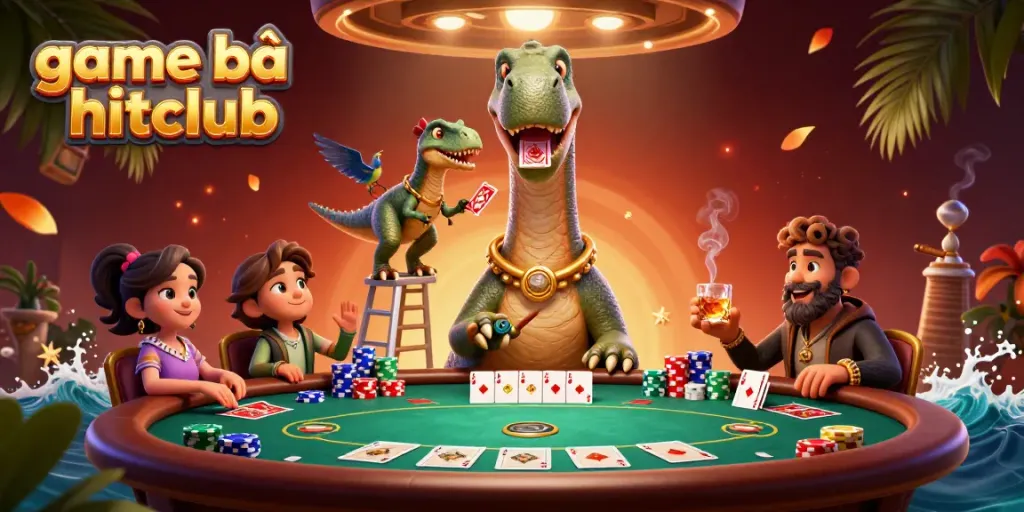 Experience game bài hitclub with this vibrant 3D casino scene featuring dinosaurs and poker elements.