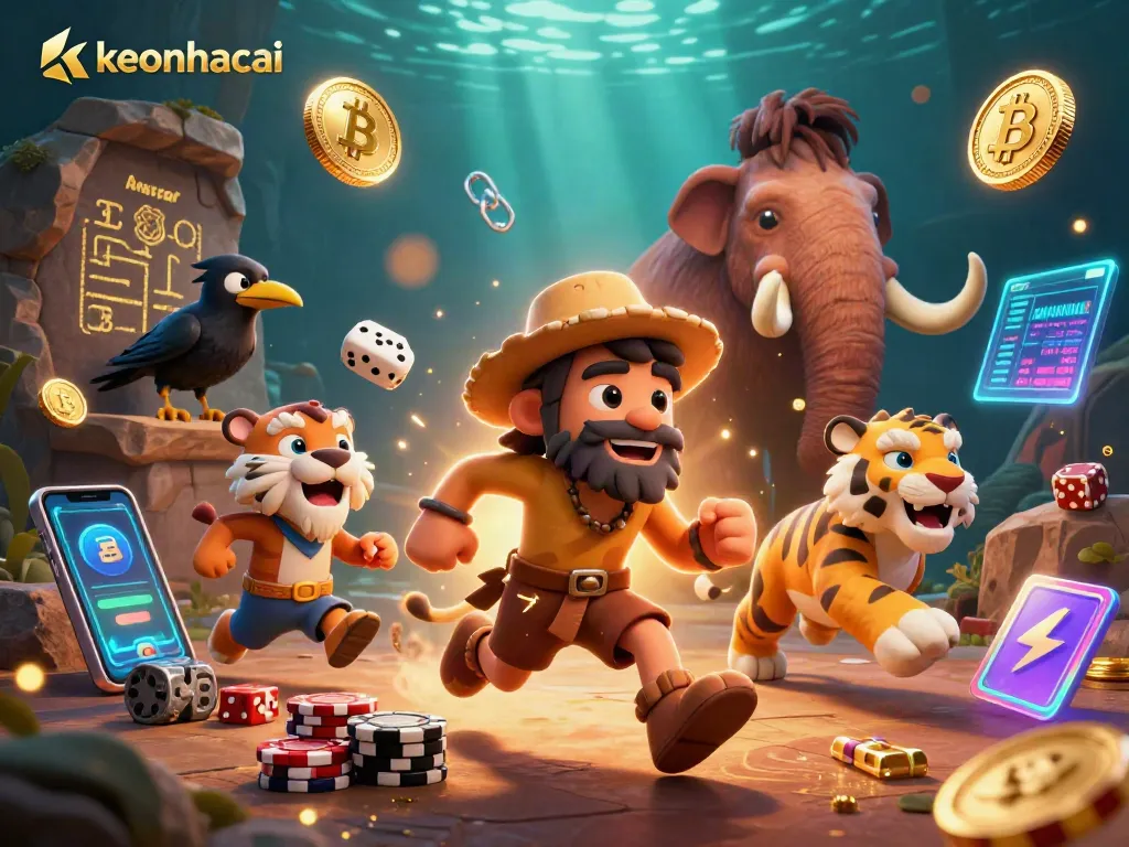 Experience the vibrant action of keonhacai at a prehistoric casino featuring playful characters and crypto elements.