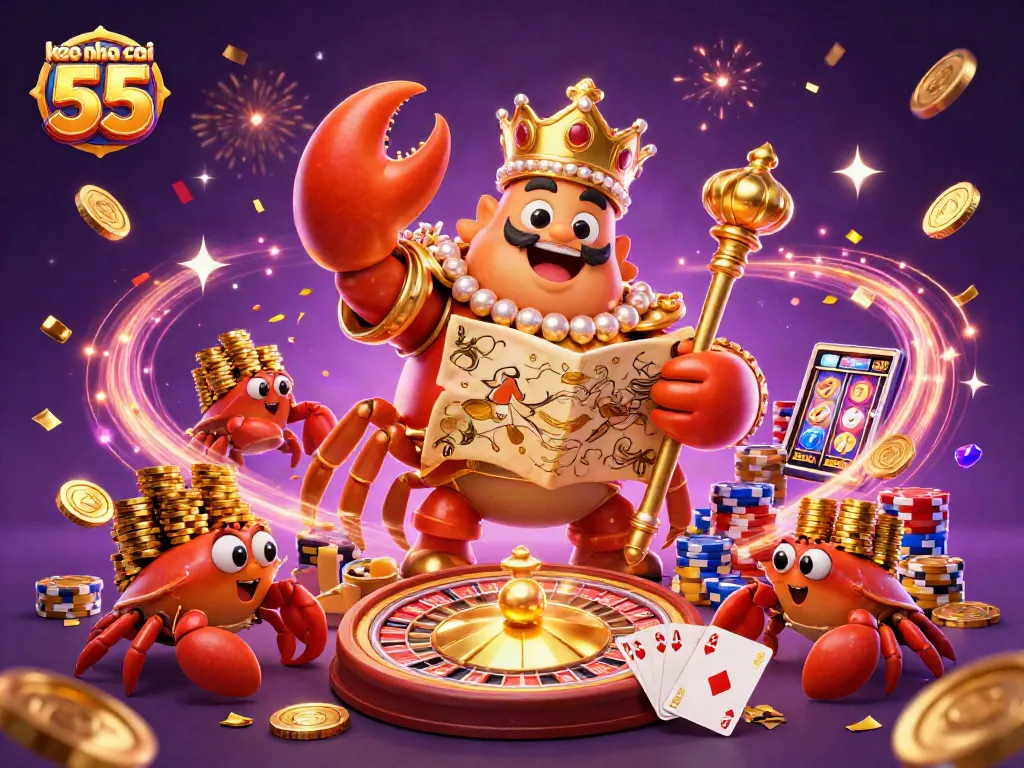 Engage with keo nha cai 55 featuring a golden crab emperor and dynamic casino elements.