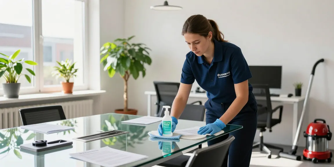 Schoonmaakbedrijf Den Haag professional cleaning an office space with eco-friendly supplies, showcasing a clean work environment.