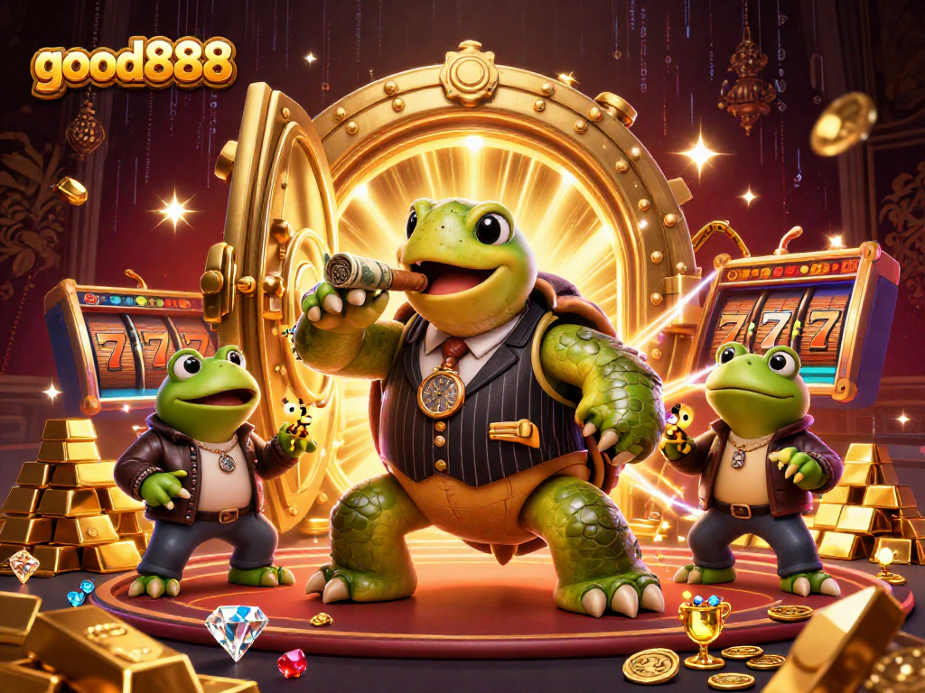 Spin to win with good888 at the casino featuring a snapping turtle and bullfrog guards.