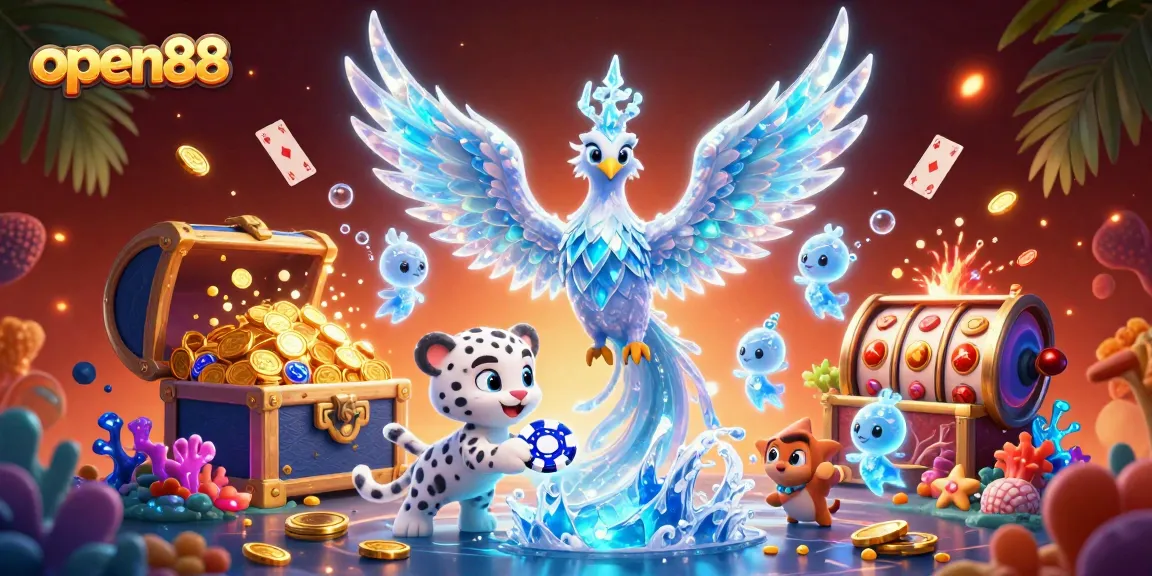 Spin the reels and win big at open88 with a vibrant casino showcase featuring an ice phoenix and glowing treasures.