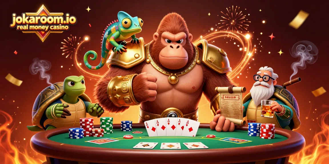 Experience thrilling action at jokaroom.io real money casino, featuring a vibrant scene with poker elements and dynamic characters.