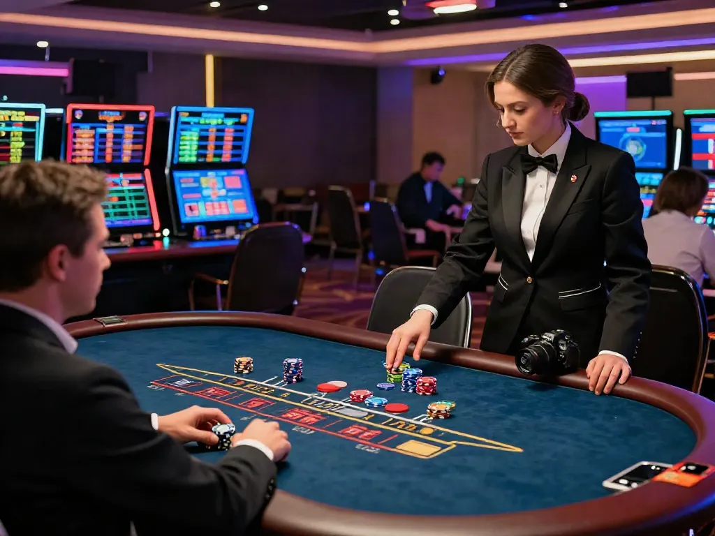 Engaging gaming atmosphere at MAN88 with live dealer blackjack and vibrant decor.