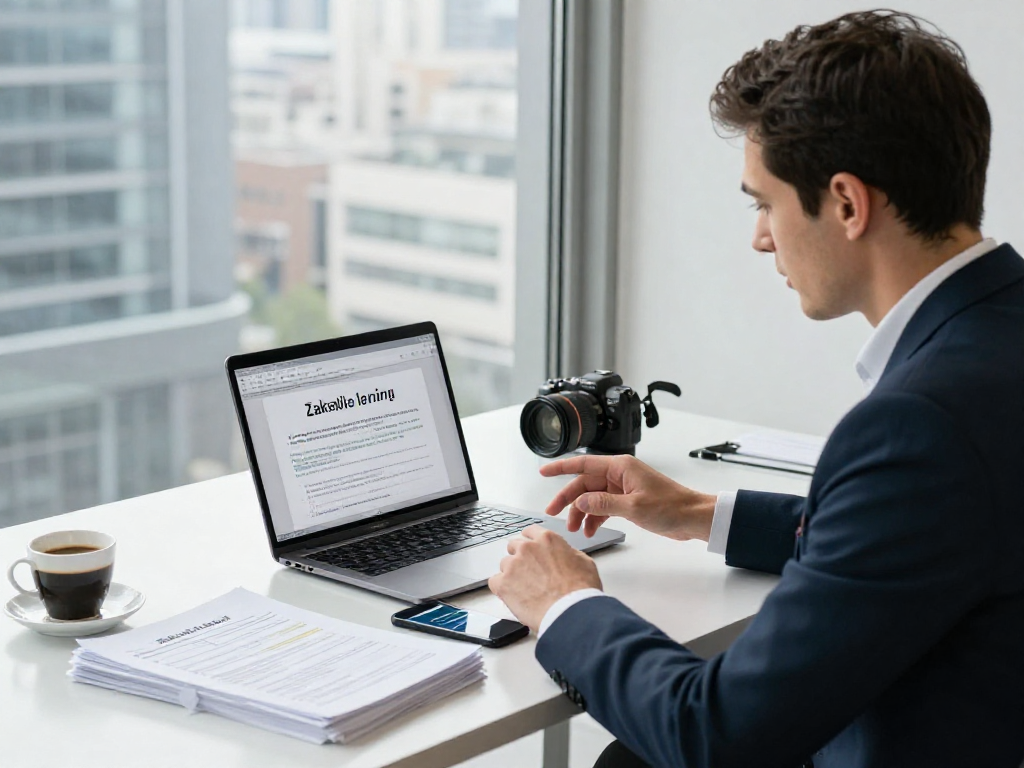 Professioneel kantoor met ondernemer die een zakelijke lening overweegt, laptop met leningsopties en financiële documenten.