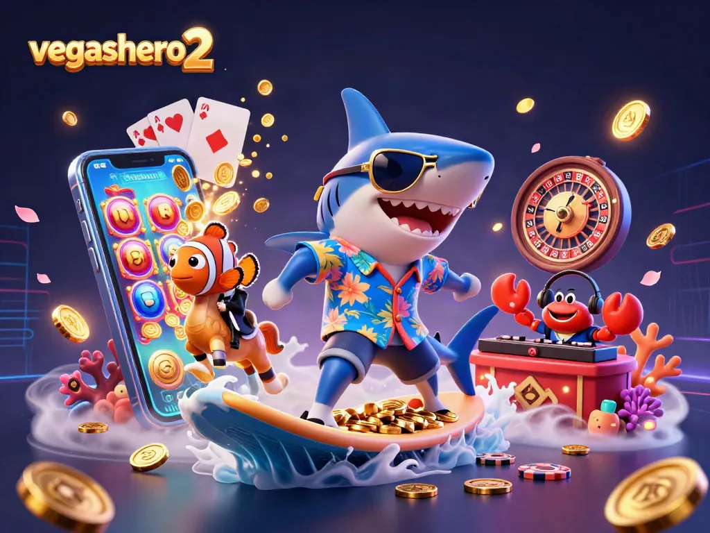 Experience big wins at vegashero 2 in this vibrant 3D casino illustration with dynamic characters and gaming elements
