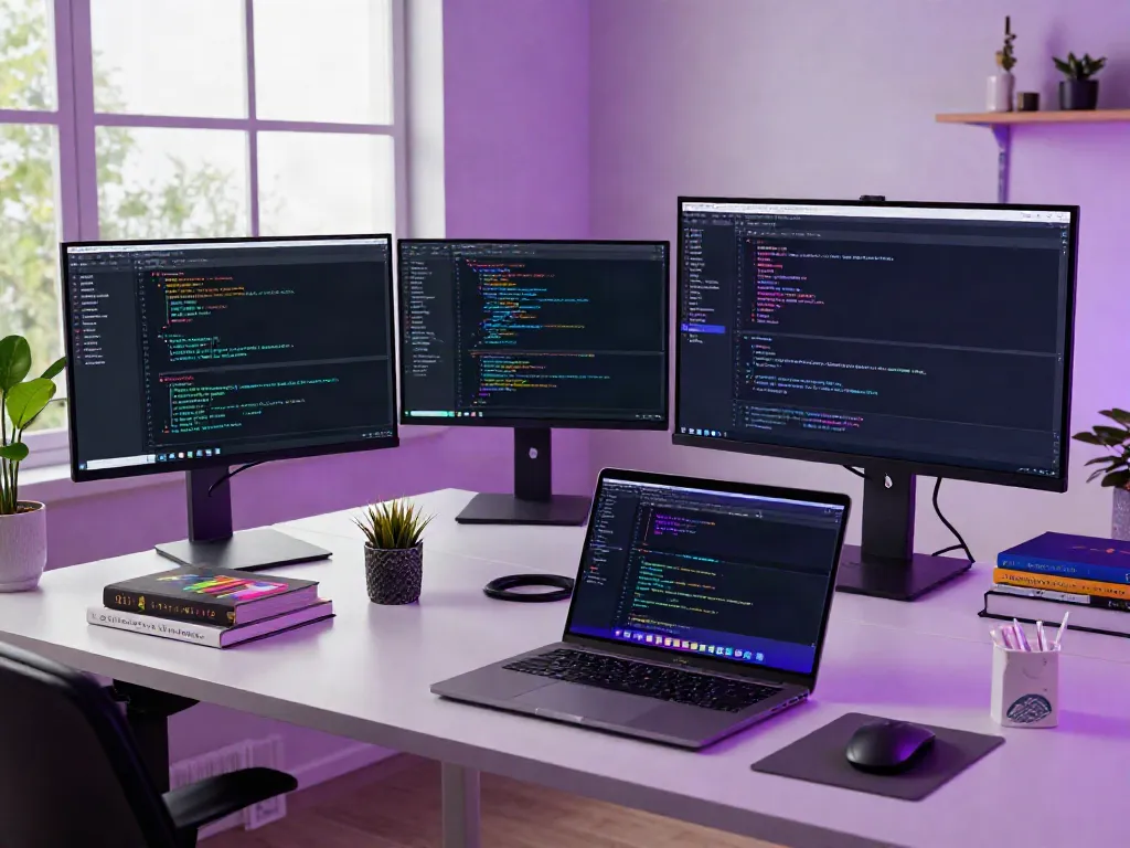 SpotiGeek developer workspace featuring code screens and vibrant tech decor.