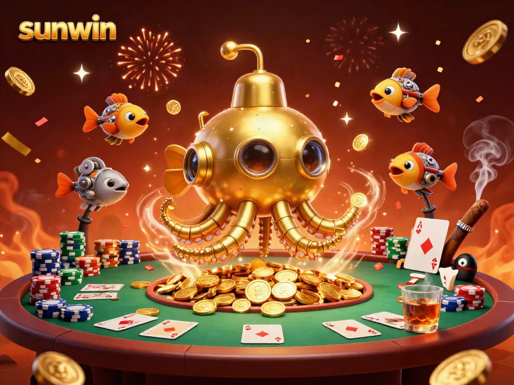 Experience thrilling gambling action with sunwin's illuminated underwater casino scene featuring a golden kraken and poker elements.