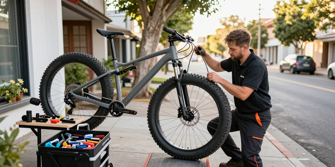 Een mobiele fatbike monteur repareert fatbike onderdelen voor de deur.