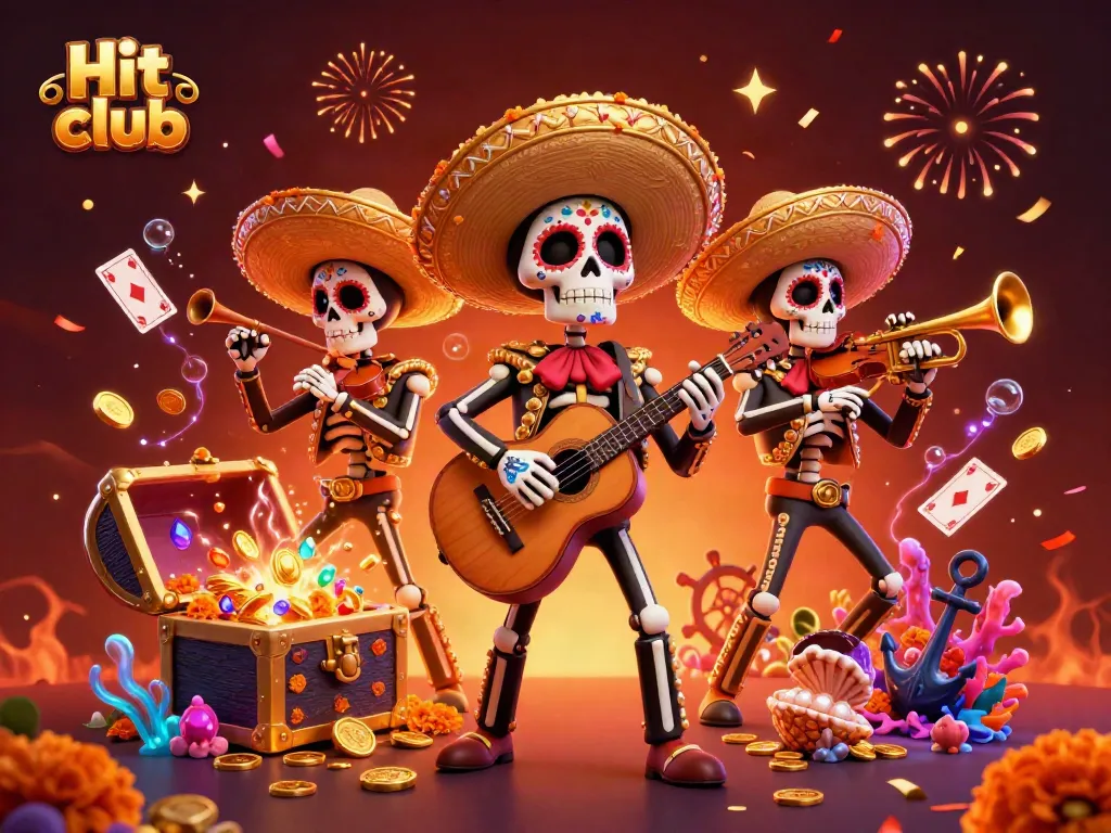 Experience the Hit club with an exciting fiesta scene featuring mariachi skeletons and vibrant game elements.