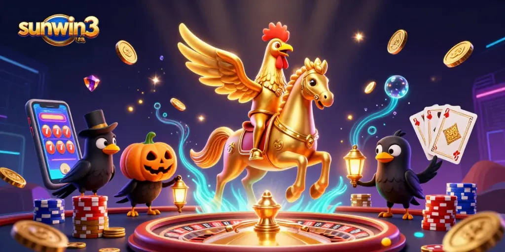 Engage with sunwin3 co in a vibrant casino scene featuring golden rooster characters and casino games