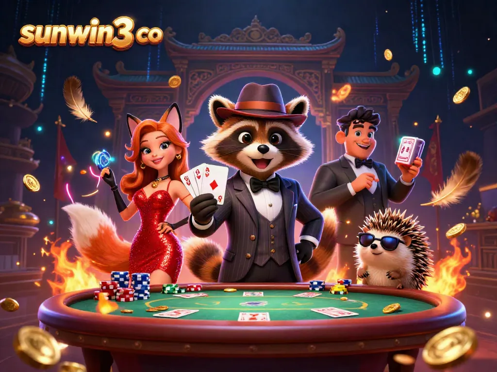 Experience the thrill of sunwin3 co casino with a charming raccoon and fox in a vibrant scene.