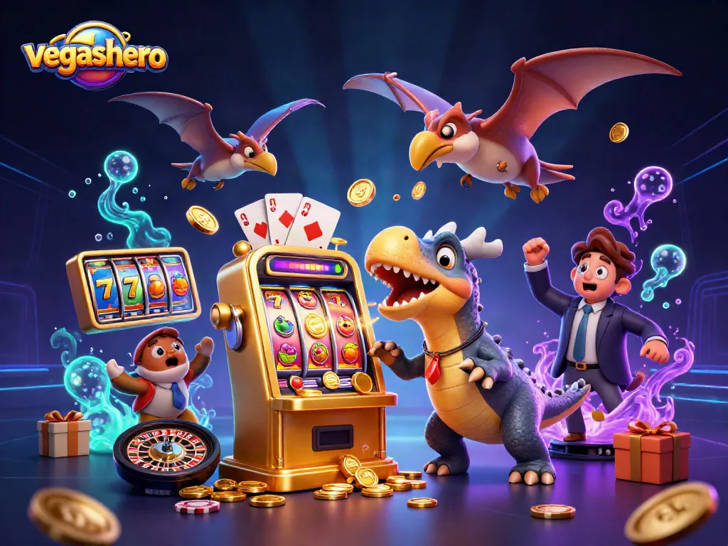 VegasHero casino scene with vibrant characters and dynamic gaming elements enriching the jackpot experience.