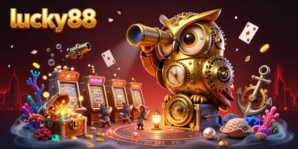 Experience the vibrant thrill of lucky88 casino with a dazzling golden owl, lively mouse patrons, and treasure-filled visuals.