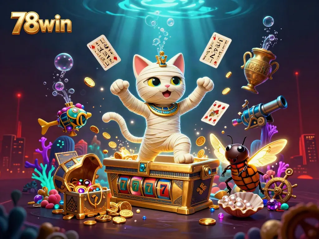 Experience the thrilling atmosphere of 78win with a vibrant 3D casino scene featuring dynamic characters and game elements.