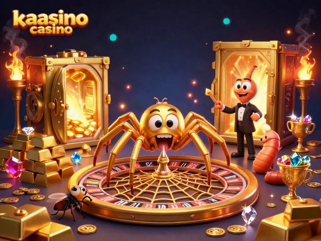Kaasino casino showcases a golden spider spinning a roulette web while a fly bets anxiously, surrounded by treasure.