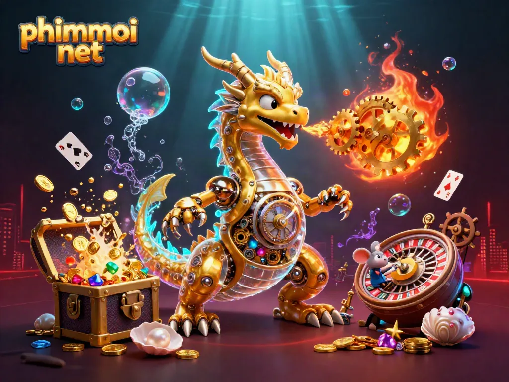 Engage with the excitement of phimmoi net through a dynamic 3D casino scene featuring a golden dragon and vibrant gaming elements.