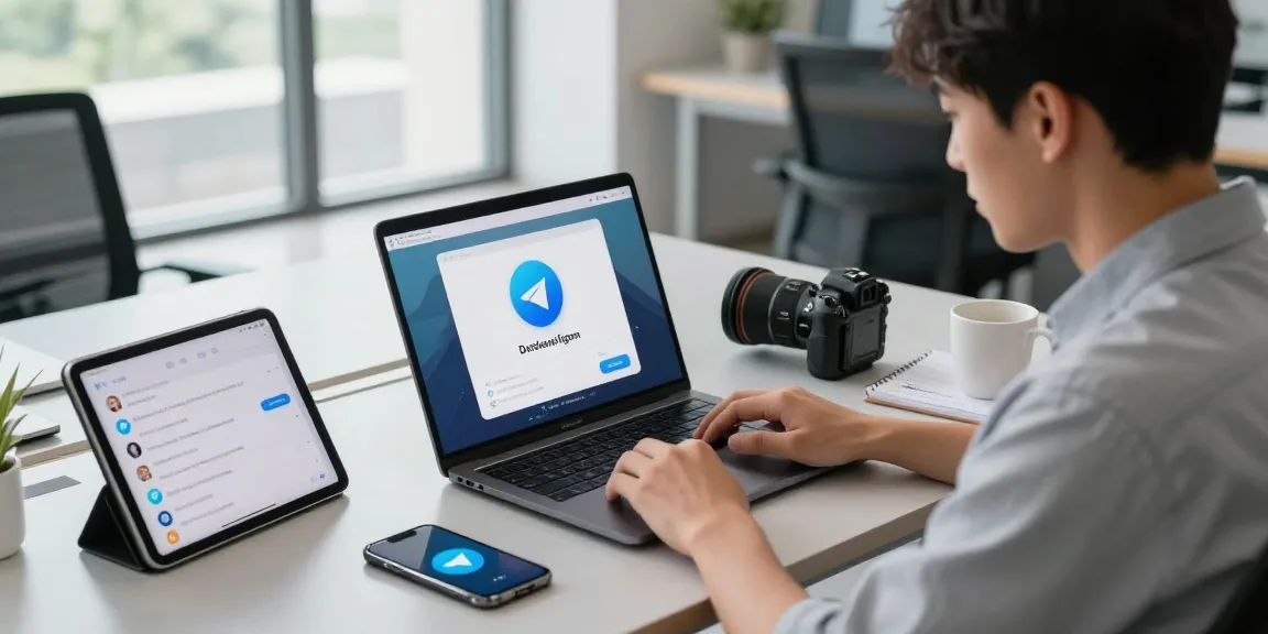 Download Telegram app on a sleek laptop in a modern workspace for enhanced secure messaging.