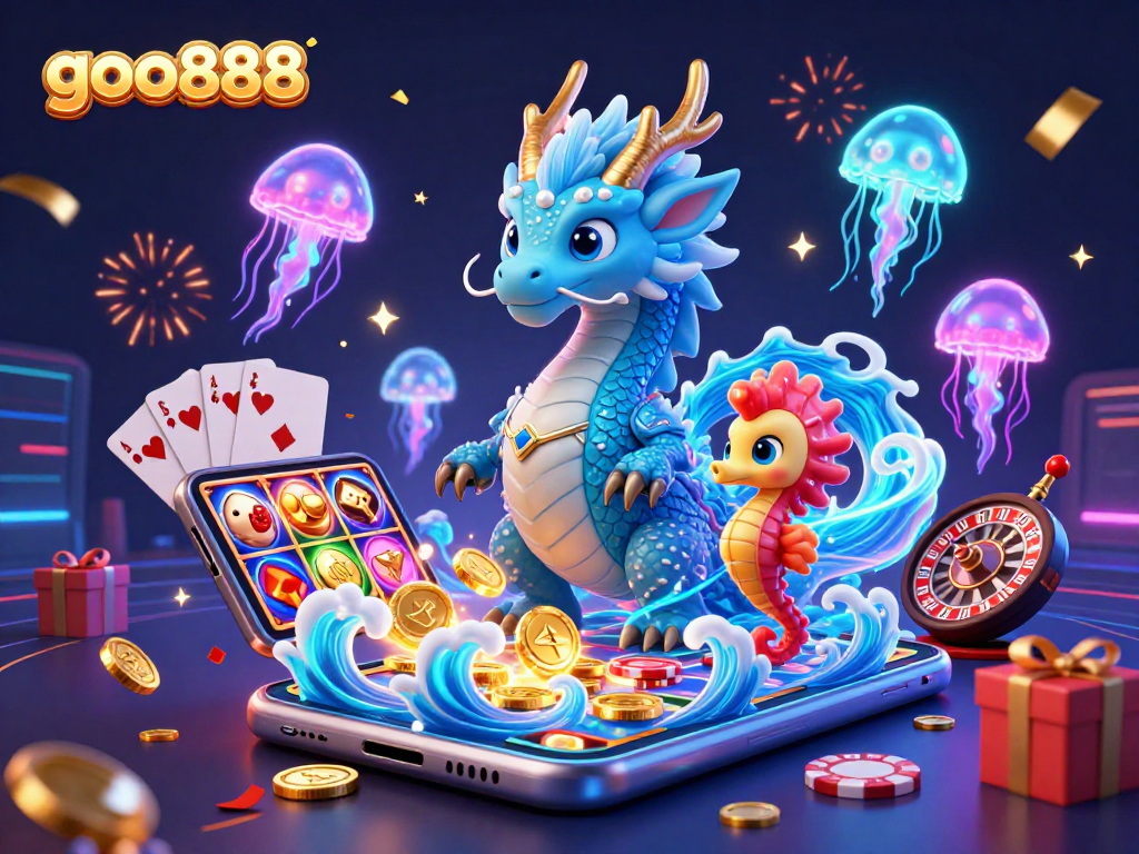 Win big with goo888: An engaging 3D scene of casino excitement featuring a water dragon and vibrant slot game elements.