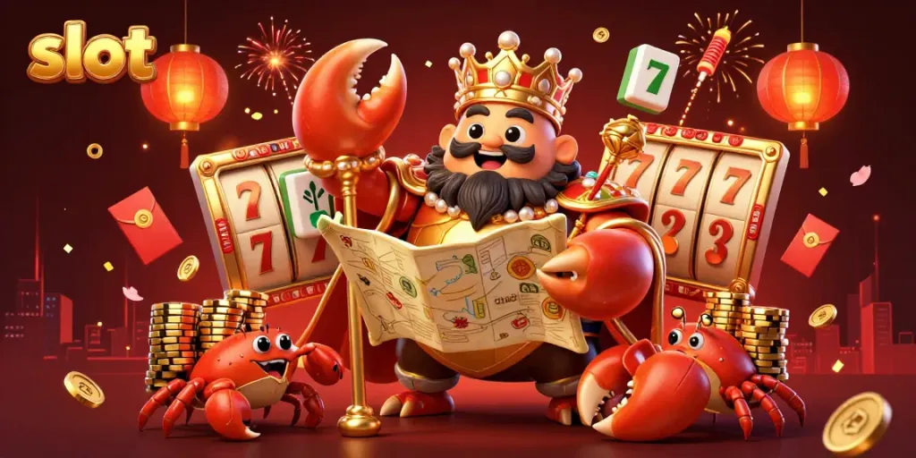 Engage with slot gaming as a golden crab emperor presides over a lively casino scene with colorful elements.