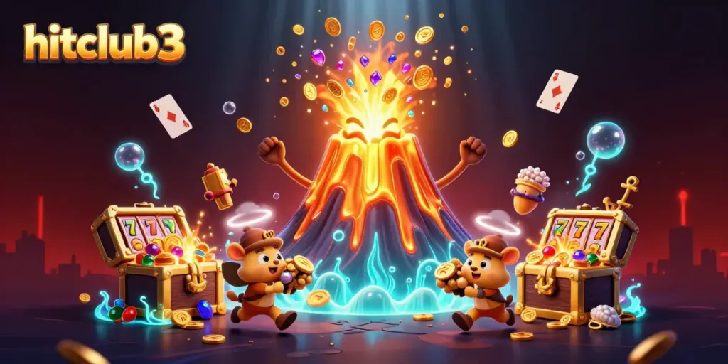 Experience excitement at hitclub3 with a golden volcano erupting treasures in a vibrant casino scene.
