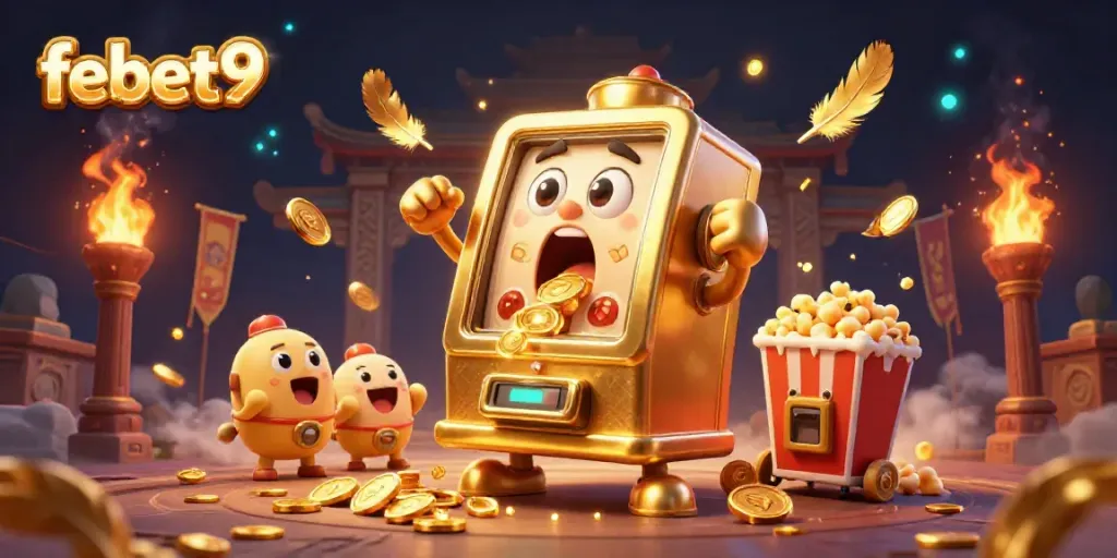 Engage with febet9's golden slot machine celebrating a jackpot, amidst dynamic casino elements.