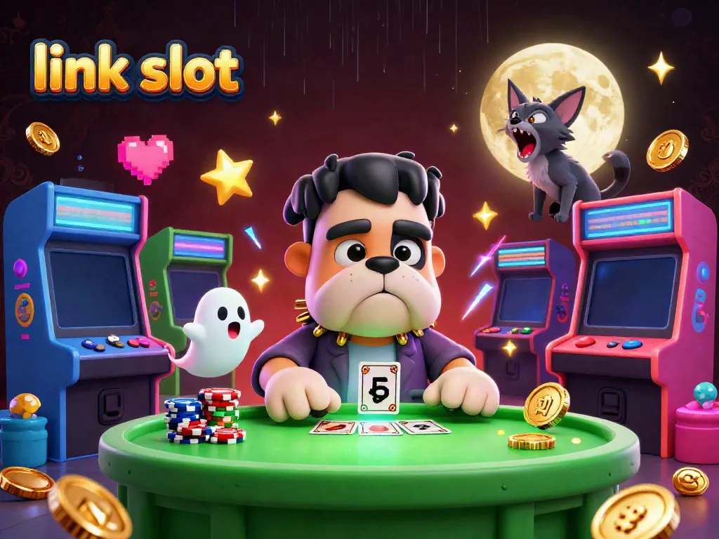 Engage with exciting action at link slot as a Frankenstein bulldog dealer interacts with a ghost mouse among colorful casino games.