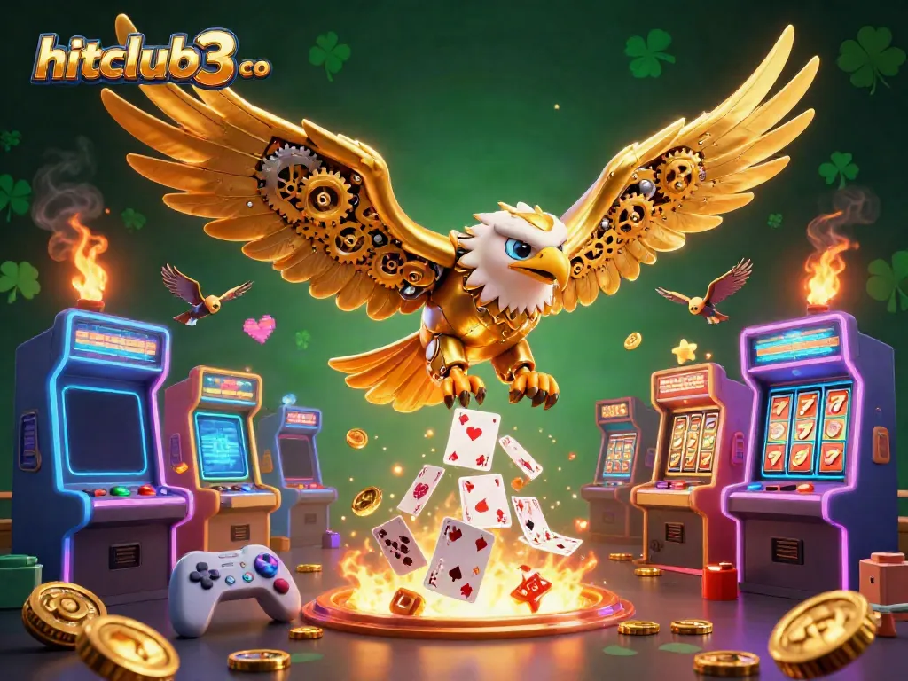 Experience thrilling gambling action with hitclub3 co as a cybernetic eagle dives through holographic cards.