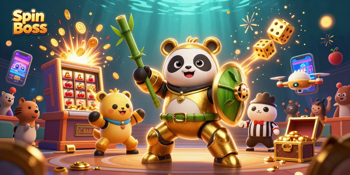 Spin Boss casino scene with golden panda robot, jackpot symbols, and vibrant game elements.