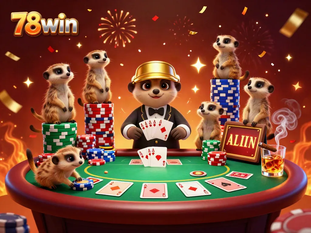 Engage in thrilling gameplay at 78win with meerkats running a vibrant casino operation.