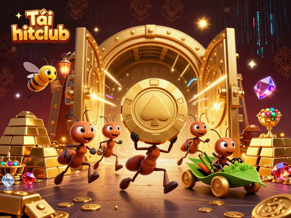 Take a thrilling leap into the world of gambling with Tải hitclub, showcasing ants stealing a giant poker chip.