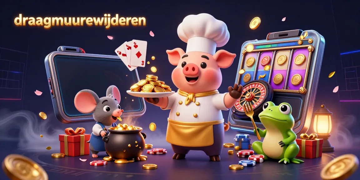 Een cartoonillustratie van een draagmuur verwijderen met een chef en een muis in een casinothema vol gouden munten.
