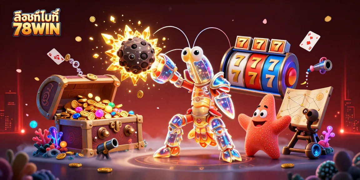 Experience the excitement with ลิงก์ไปที่ 78WIN in a vibrant underwater casino scene filled with treasures.