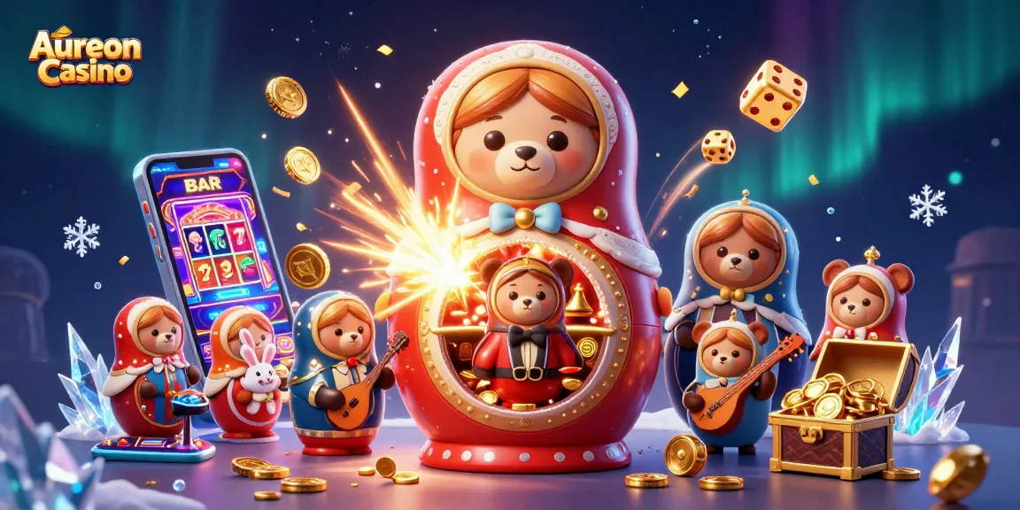 Aureon Casino presents an exciting scene with a festive atmosphere featuring a Matryoshka bear and a jackpot explosion from slots.