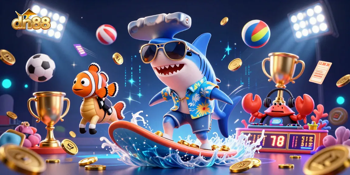 dn88 offers a vibrant scene featuring a hammer-head shark enjoying a casino-like atmosphere with action-packed sports elements.