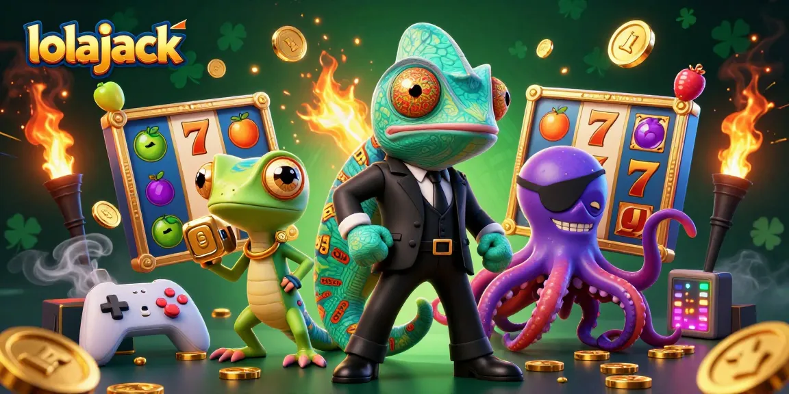 Experience the thrill at Lolajack with colorful slot reels, vibrant characters, and a casino atmosphere.