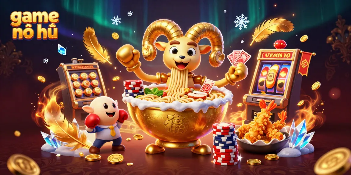 Experience the excitement of game nổ hũ with a dynamic illustration of cartoon characters and casino elements.