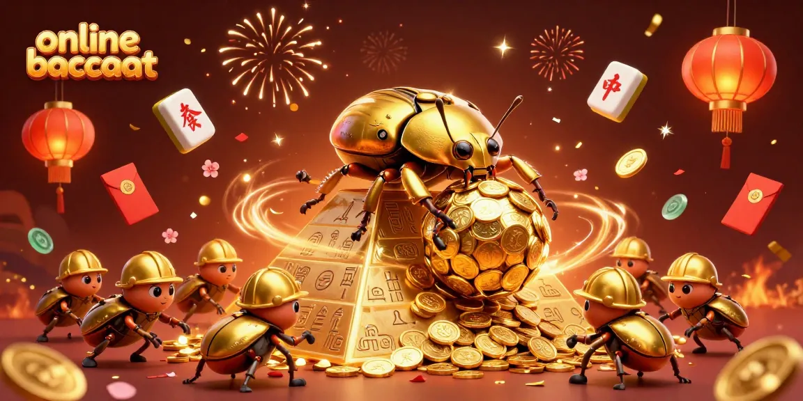 Experience thrilling online baccarat action with a unique 3D beetle scene rich in casino symbols.
