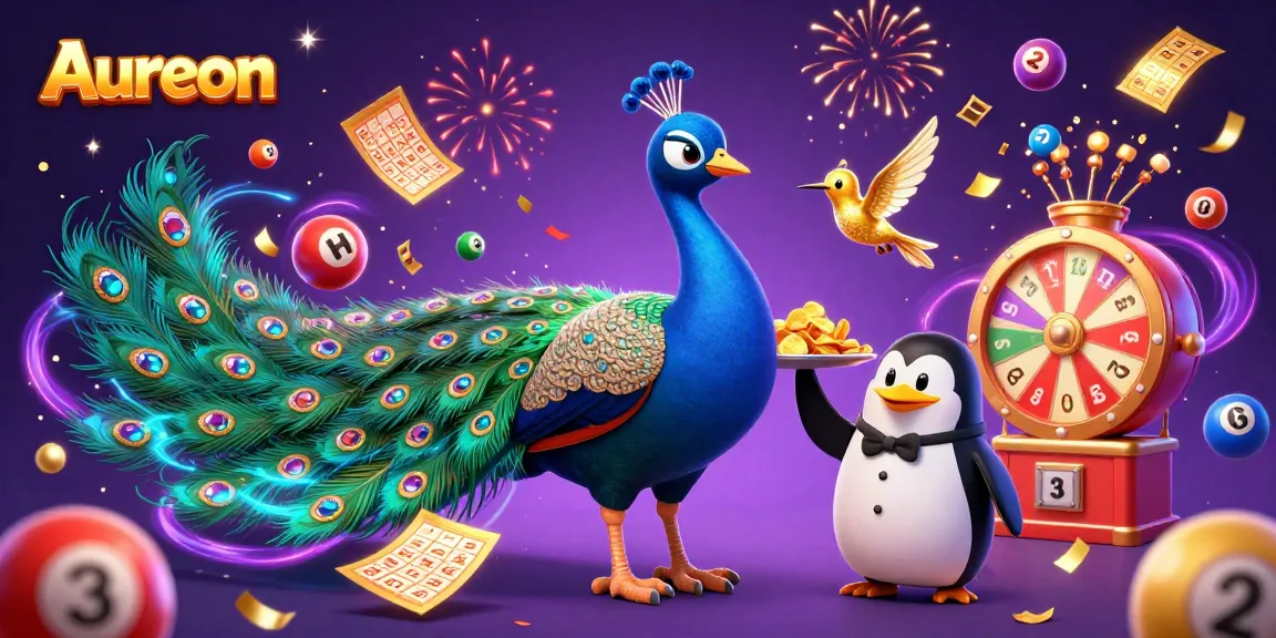 Aureon casino's vibrant scene with a peacock, butler penguin, and golden hummingbird, celebrating with gaming elements.